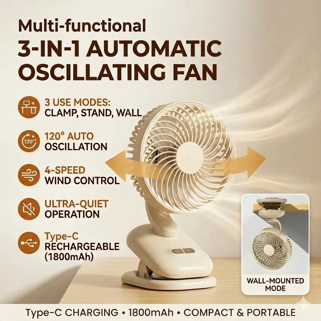Clip on Fan, Stroller Fan 1800mAh Rechargeable Portable Fan with 4 Speeds, 120° Auto Oscillation Desk Fan